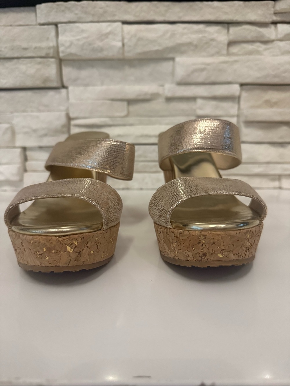 Jimmy Choo Metallic Gold Cork Strap Wedge Sandals